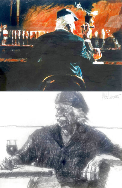 Smoke Bar II AP 2000 - Embellished Lithograph on Canvas w/ Original Sketch - Huge Limited Edition Print - Aldo Luongo