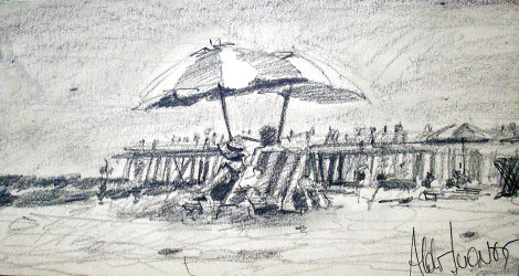 California Beach Drawing 1978 5x10 - Santa Monica Drawing - Aldo Luongo