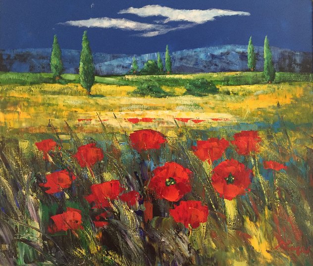 Tuscan Countryside With Poppies 2000 32x36 Original Painting by  Madjid