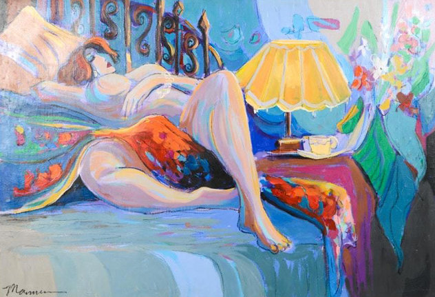Reclining Semi-Nude Female In Her Boudoir 30x40 - Huge Original Painting by Isaac Maimon