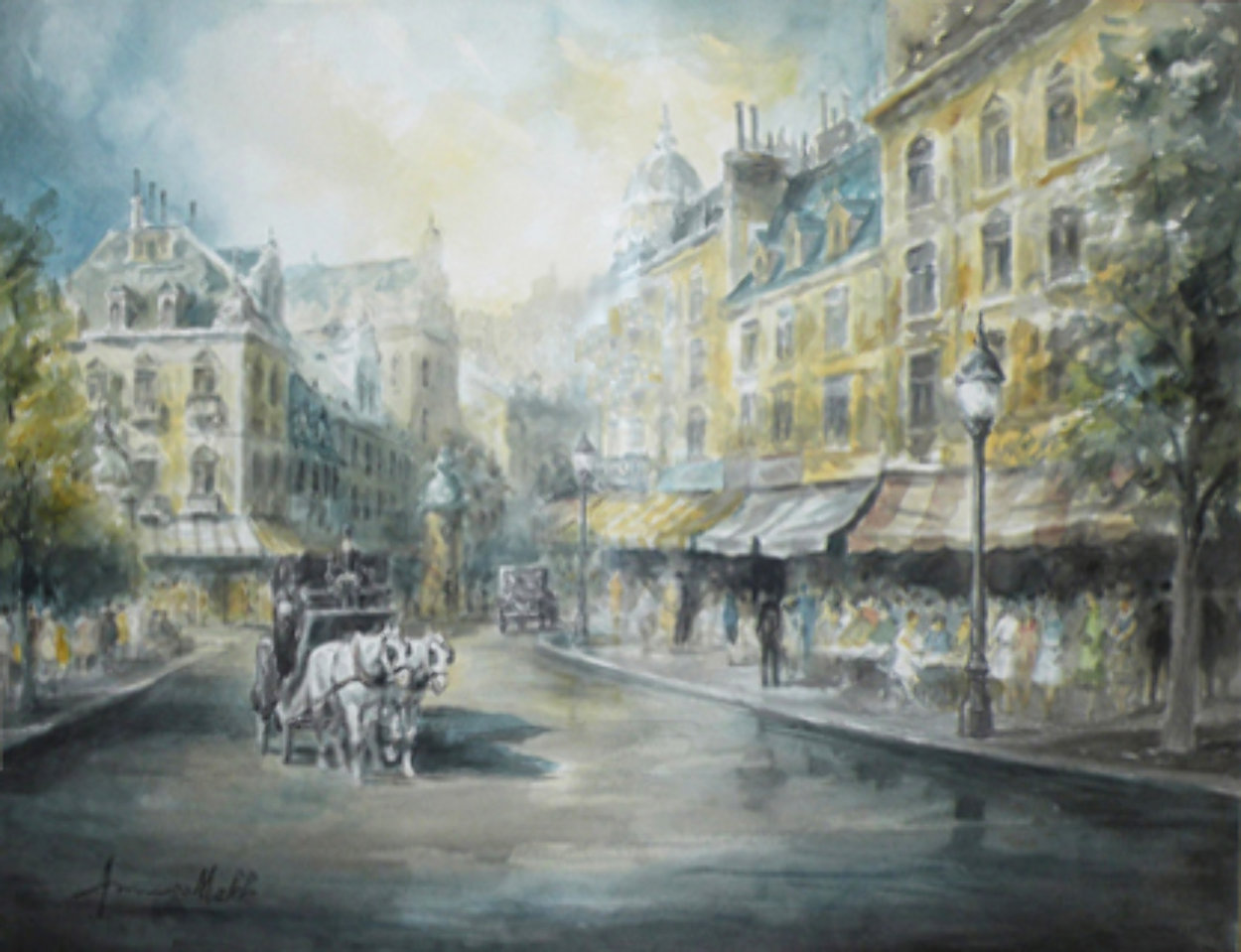 Parisian Cafe 37x44 Huge Watercolor Watercolor by Americo Makk