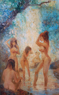 Bathing Nudes 46x26 Original Painting - Americo Makk Bathing Nudes 46x26 Original Painting - Americo Makk