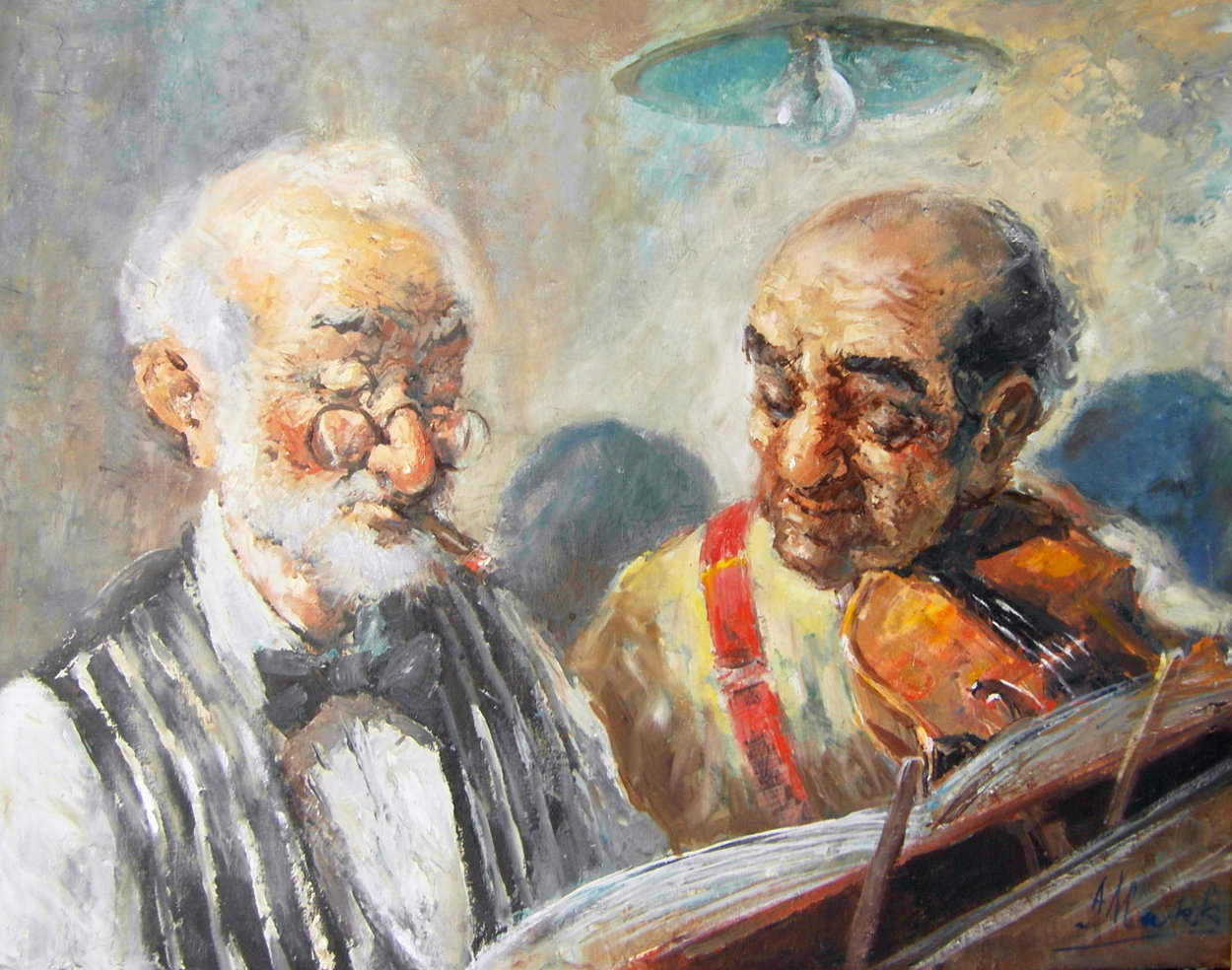 Two Elderly Musicians 38x32 Original Painting by Americo Makk