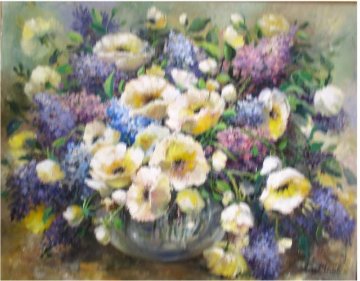 Lilacs and Poppies 1986 34x28 Original Painting - Eva Makk