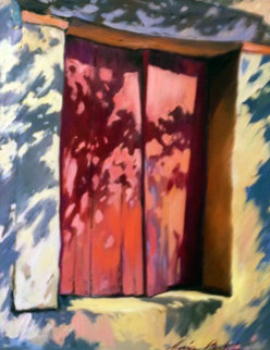 Oil on Linen Red Window 46x38 Huge Original Painting - Maria Bertran