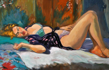 Woman Lounging 1997 44x34 Huge Original Painting - Maria Bertran Woman Lounging 1997 44x34 Huge Original Painting - Maria Bertran