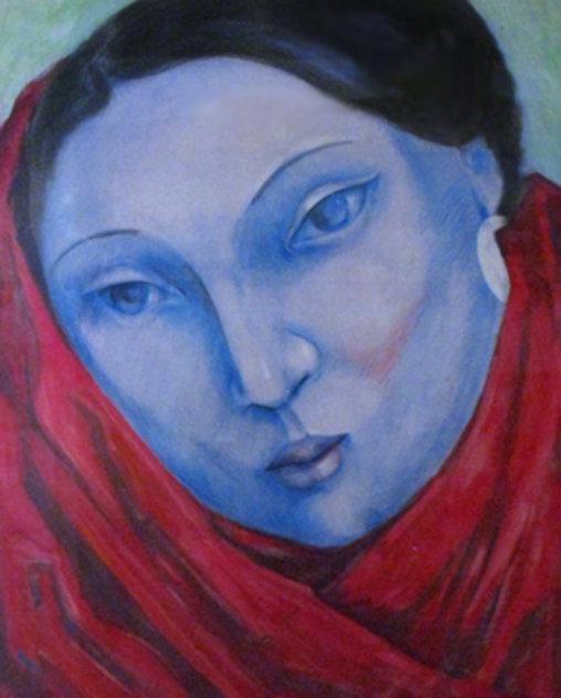 Blue Lady Pastel 1985 41x35 Original Painting by Miguel Martinez