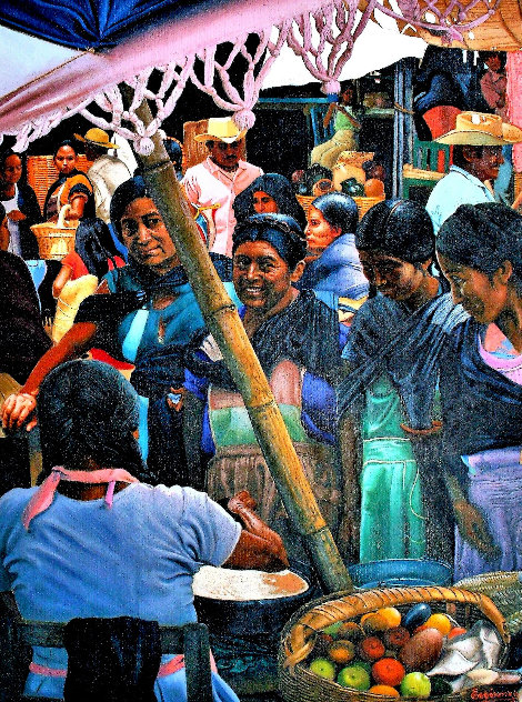 Mujers En El Mercado  (Women in the Maketplace) 1985 33x26 Original Painting by Esperanza Martinez