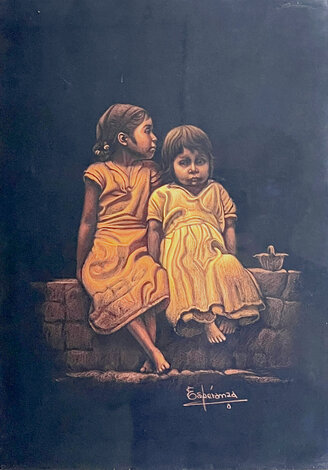 Untitled Children Portrait 23x19 - Framed Pastel Original Painting - Esperanza Martinez