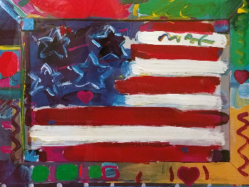 American Flag With Heart Unique 1990 35x28 Works on Paper (not prints) - Peter Max