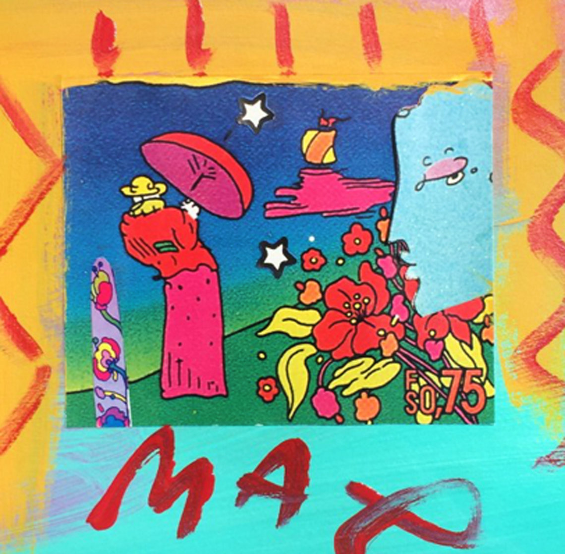 Blue Profile and Umbrella Man Unique 1994 19x18 Works on Paper (not prints) by Peter Max Blue Profile and Umbrella Man Unique 1994 19x18 Works on Paper (not prints) by Peter Max