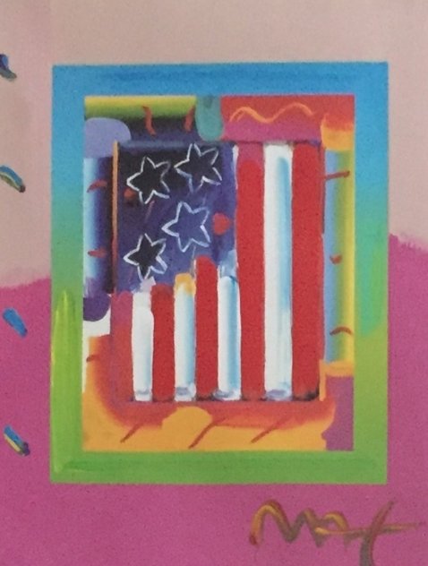Flag With Heart on Blends   Vertical Unique 2005 24x24 Works on Paper (not prints) by Peter Max