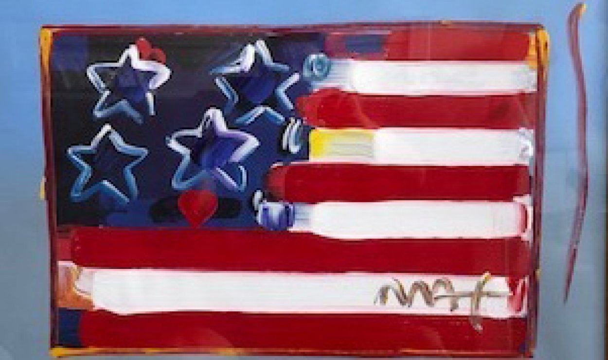 Flag With Heart Unique 1999 18x24 Works on Paper (not prints) by Peter Max