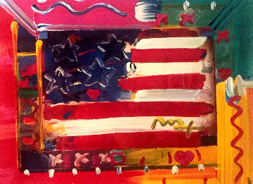 Flag With Hearts 1998 Embellished Works on Paper (not prints) - Peter Max Flag With Hearts 1998 Embellished Works on Paper (not prints) - Peter Max