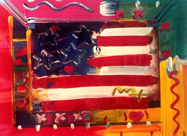 Flag With Hearts 1998 Embellished Works on Paper (not prints) by Peter Max
