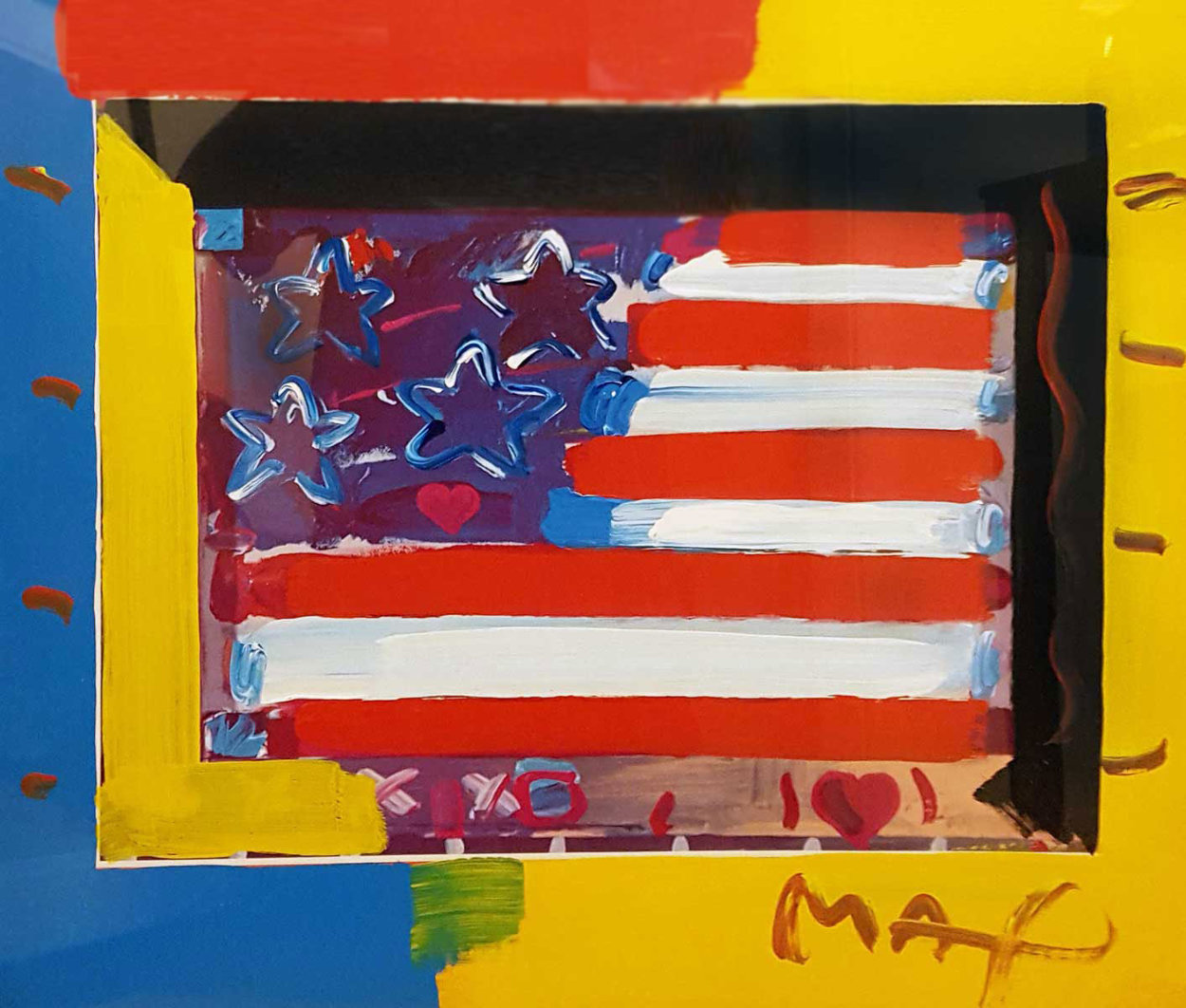Flag With Heart Unique 1998 21x24 Works on Paper (not prints) by Peter Max