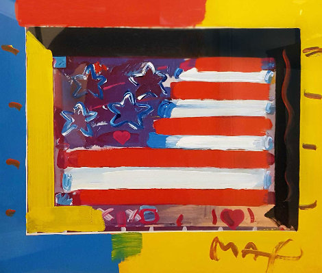 Flag With Heart Unique 1998 21x24 Works on Paper (not prints) - Peter Max