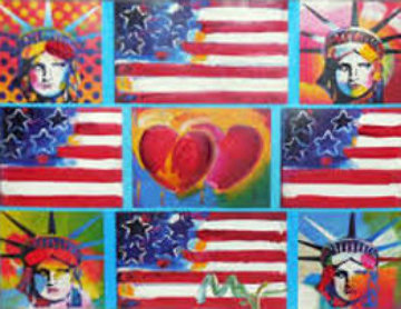Patriotic Series, 4 Liberties, 4 Flags, And 2 Hearts Unique 2006 15x19 Works on Paper (not prints) - Peter Max Patriotic Series, 4 Liberties, 4 Flags, And 2 Hearts Unique 2006 15x19 Works on Paper (not prints) - Peter Max