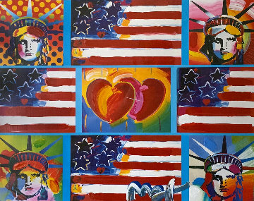 4 Flags, 2 Hearts, And 4 Liberties Unique 2006 28x32 Works on Paper (not prints) - Peter Max