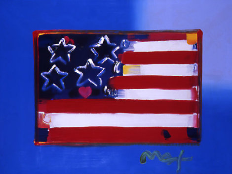 Flag With Heart Series III Heavily Embellished Poster 2006 18x24 Works on Paper (not prints) - Peter Max