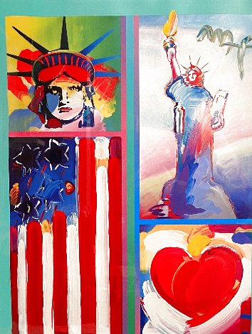 Two Liberties Flag And Heart Unique 2008 32x28 Works on Paper (not prints) - Peter Max
