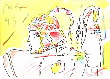 Lady and Profile Set of 2 Framed  Original Ink and Color Pencil 1993 20x22 Works on Paper (not prints) - Peter Max
