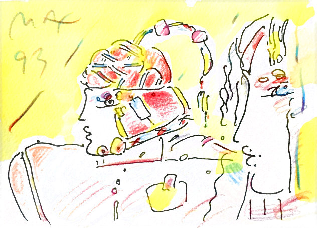 Lady and Profile Set of 2 Framed  Original Ink and Color Pencil 1993 20x22 Works on Paper (not prints) by Peter Max