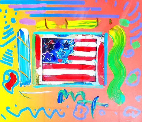 Flag With Heart Unique 26x24 Works on Paper (not prints) - Peter Max