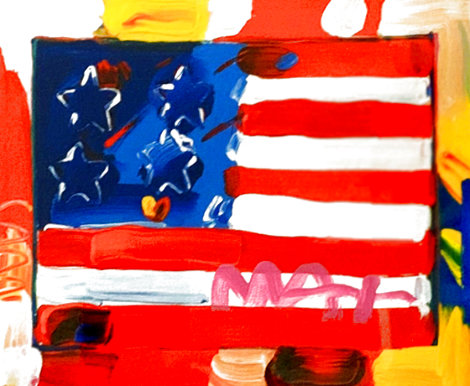 Flag With Hearts Unique 2005 24x24 Works on Paper (not prints) - Peter Max