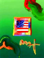 Flag With Heart Unique 2009 22x20 Original Painting by Peter Max - 0