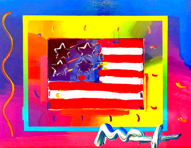 Flag with Heart Unique 2006 14x16 Works on Paper (not prints) by Peter Max