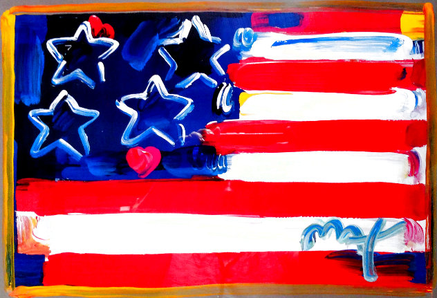 Flag With Heart Unique 1999 32x37 Works on Paper (not prints) by Peter Max