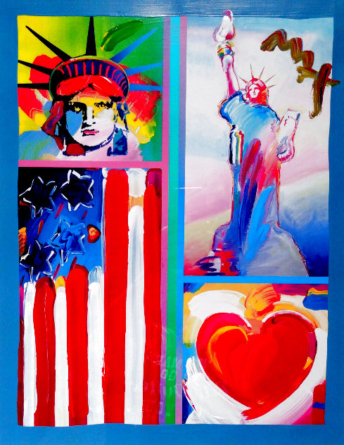 Two Liberties, Flag, and Heart Unique 2006 Works on Paper (not prints) by Peter Max