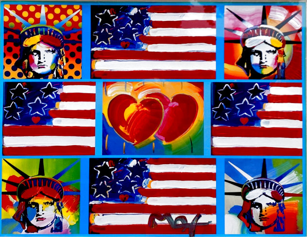 Patriotic Series: 4 Liberties, 4 Flags and 2 Hearts  2006 Unique Works on Paper (not prints) by Peter Max
