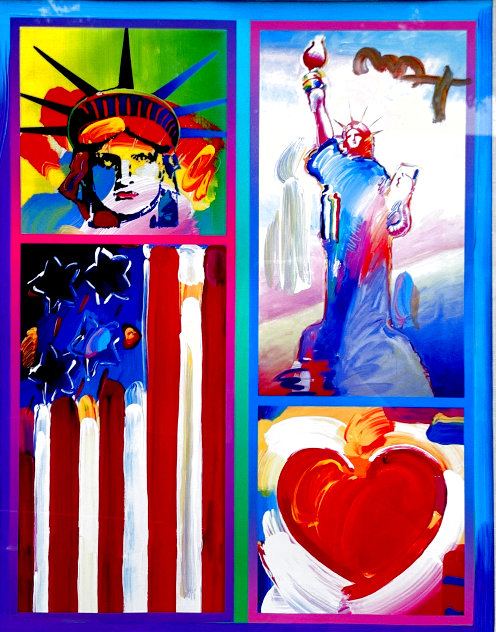 Patriotic Series: Two Liberties, Flag and Heart 2006 Unique Works on Paper (not prints) by Peter Max