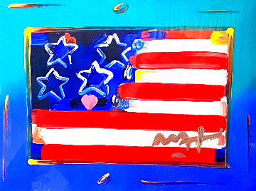 Flag with Heart Unique 1999 30x35 Works on Paper (not prints) - Peter Max