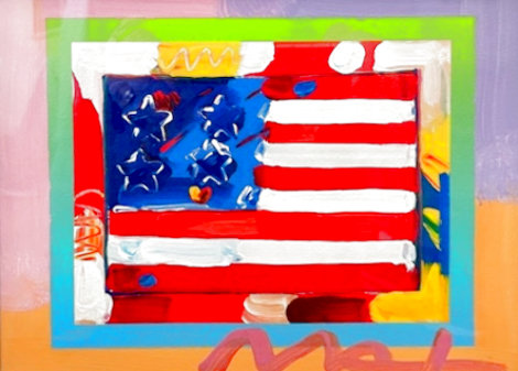 Flag with Heart on Blends Unique 2005 24x26 Works on Paper (not prints) - Peter Max