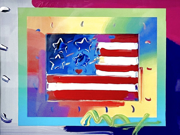 Flag with Heart on Blends, Horizontal Unique 2005 21x23 Works on Paper (not prints) by Peter Max