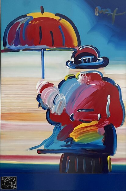 Umbrella Man Unique overpaint on poster. 1999 48x36 - Huge Other - Peter Max