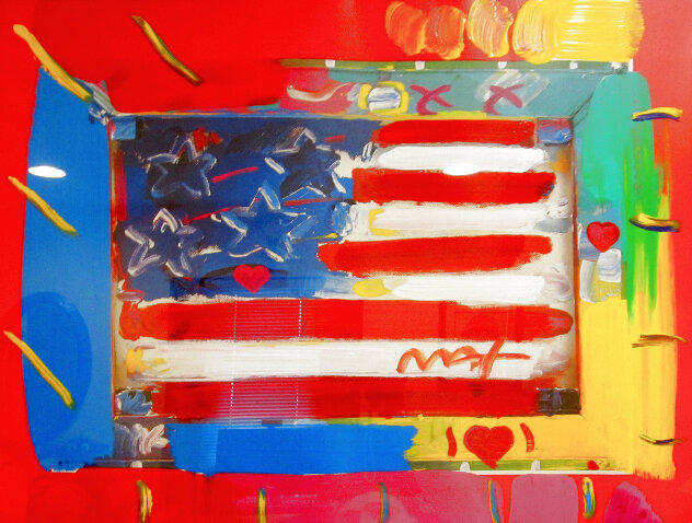 Flag with Heart Unique 1998 33x38 Works on Paper (not prints) by Peter Max