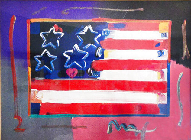 Flag with Heart Unique 1999 30x36 Works on Paper (not prints) by Peter Max