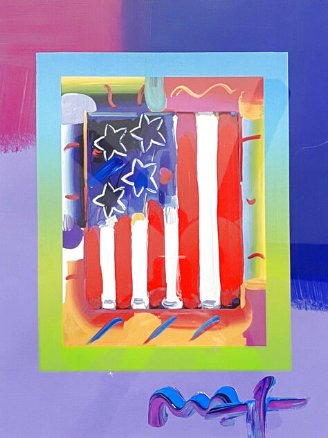 Flag with Heart on Blends - Vertical Unique 2005 17x13 Framed Mixed Media by Peter Max