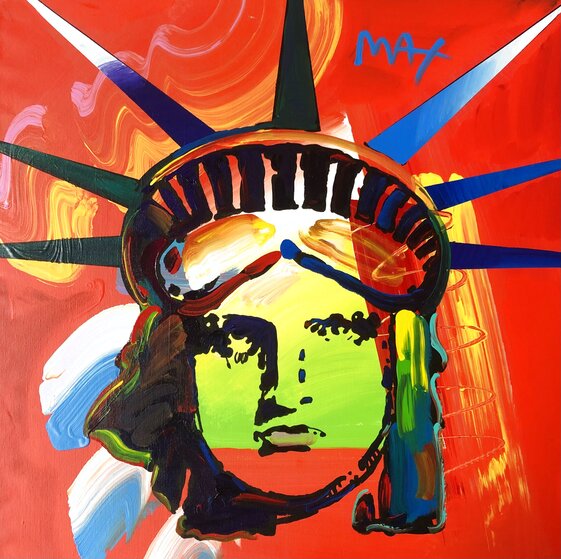 は*歩様 ミロク ハーパーズ・フェリー フリントロック 400 DELUXE Liberty Head 2010 Framed Acrylic on Canvas 32x32 by Peter Max