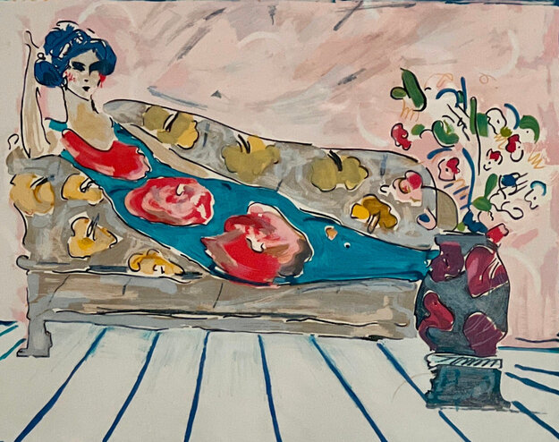Lady on Couch: Blue 1973 - Vintage Framed Lithograph by Peter Max