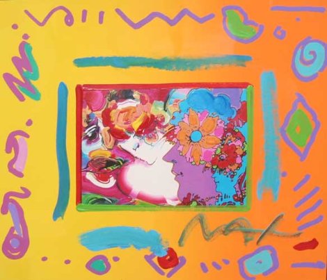 Flower Lady with 3 Profiles Collage 1998 Unique 12x14 Works on Paper (not prints) - Peter Max