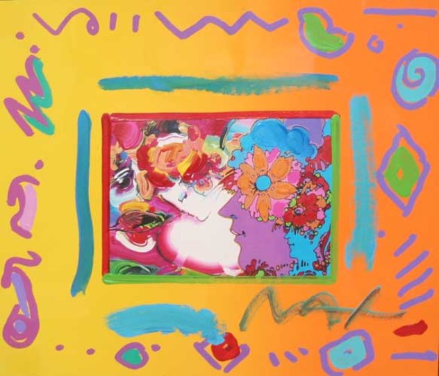 Flower Lady with 3 Profiles Collage 1998 Unique 12x14 Works on Paper (not prints) by Peter Max