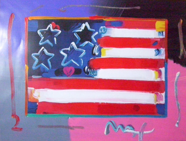 Flag With Heart 1999 Unique 18x24 Works on Paper (not prints) by Peter Max Flag With Heart 1999 Unique 18x24 Works on Paper (not prints) by Peter Max