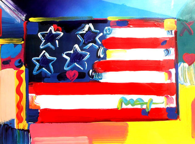 American Flag with Heart Unique 1999 30x36 Works on Paper (not prints) by Peter Max