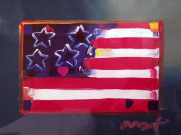 Flag With Heart 1999 31x38 Unique Works on Paper (not prints) - Peter Max