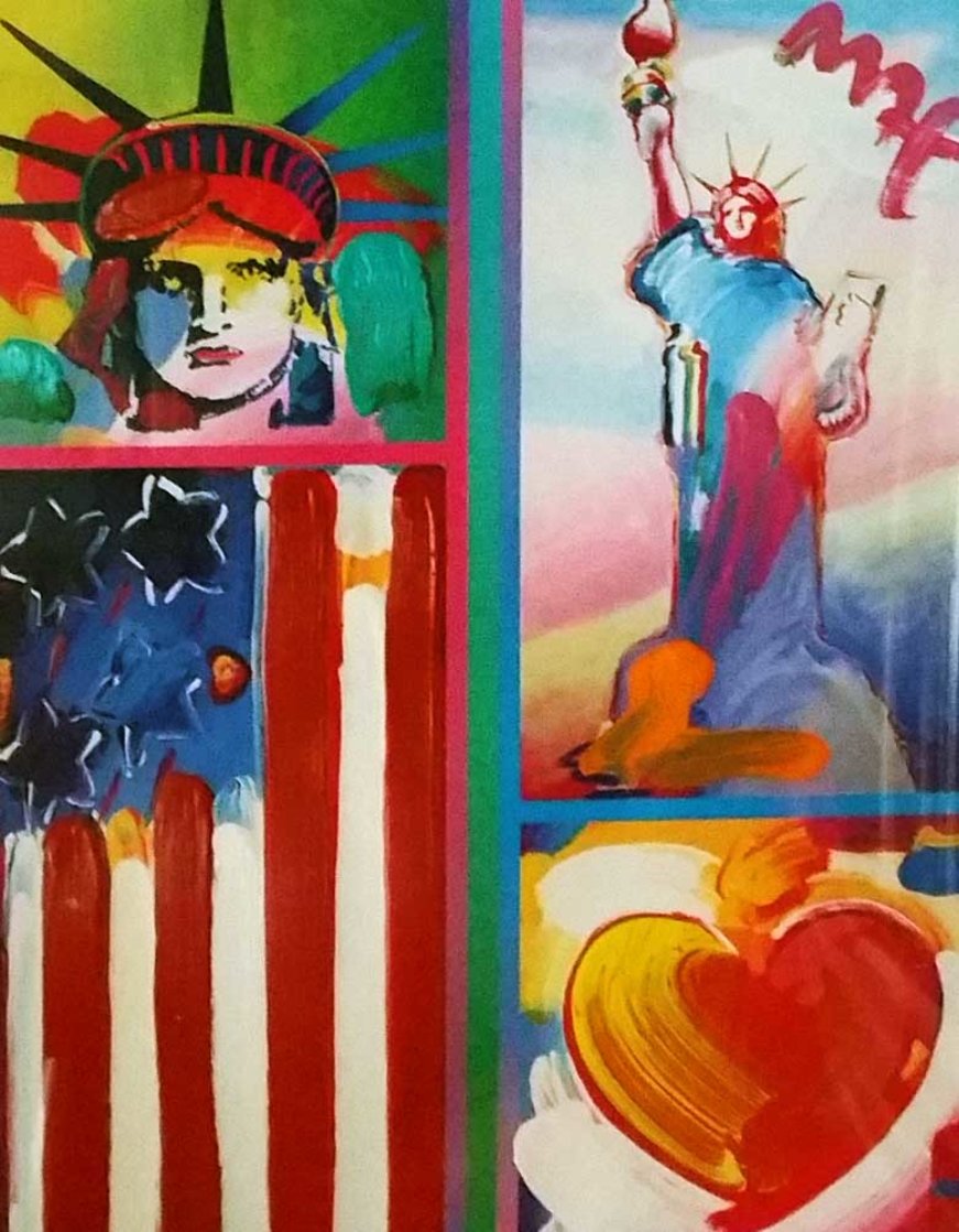 Patriotic Series: Two Liberties, Flag And Heart 2006 Unique 18x24 Works on Paper (not prints) by Peter Max